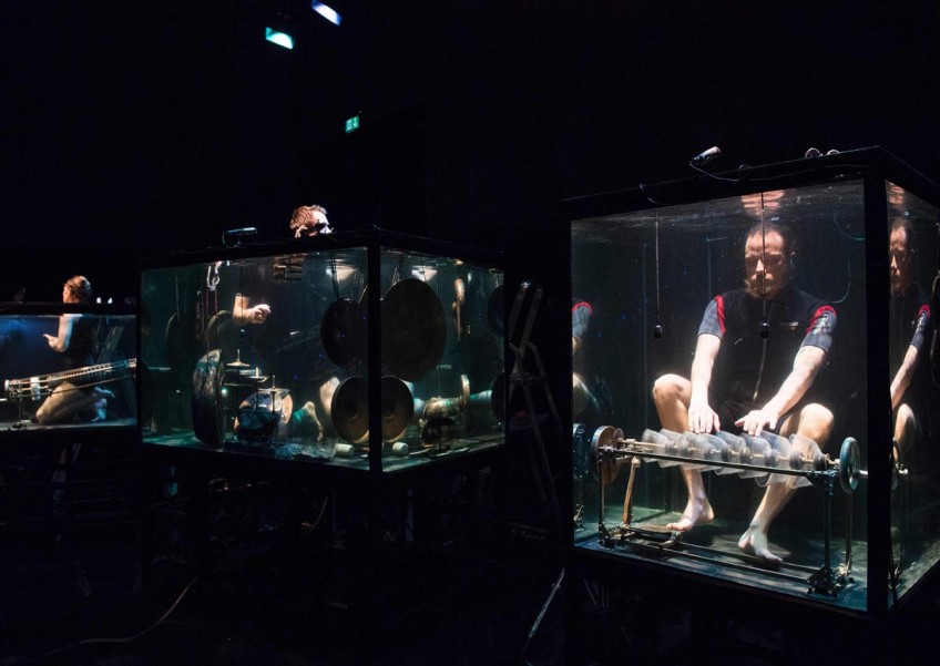 Musicians in aquariums make sounds in a silent world