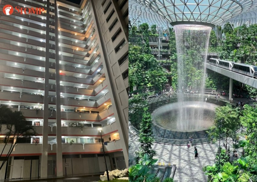 15-storey-high 'waterfall' seen at Choa Chu Kang HDB block, resident compares it to Changi Airport's Rain Vortex
