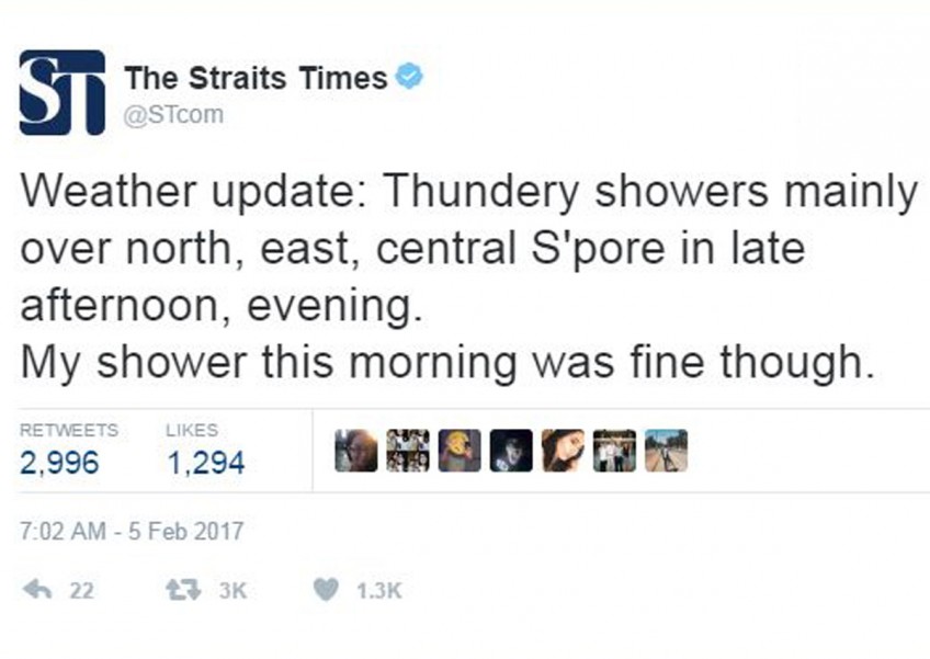 The Straits Times is going wild with its weather tweets, and people don't know what to think