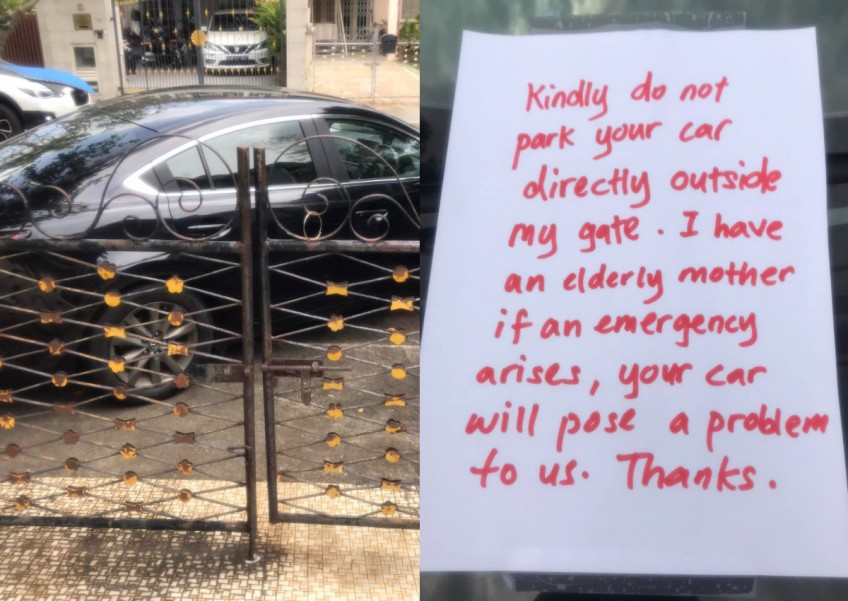Serangoon Gardens resident calls out driver for parking right in front of her gate