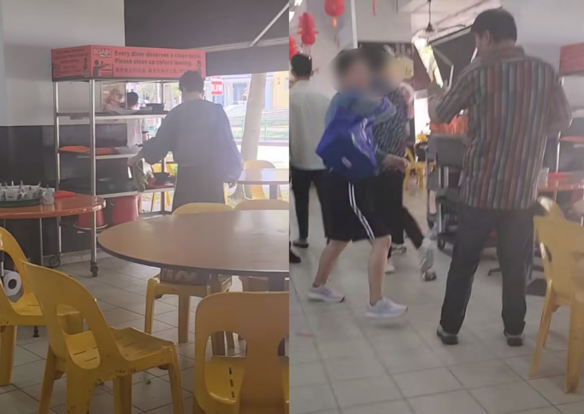 Woman trashes tray return station at Sembawang coffee shop, swings fist at passer-by