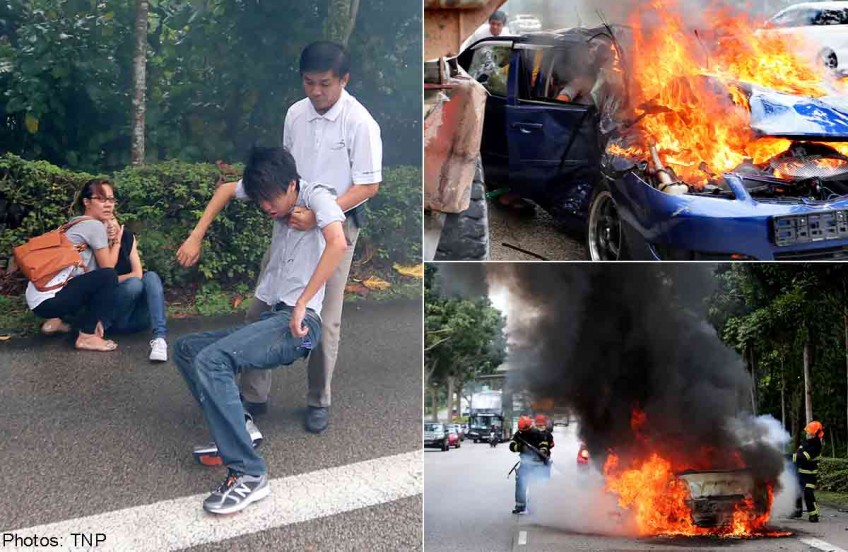 Caught on camera: Hero pulls man out of burning car on BKE