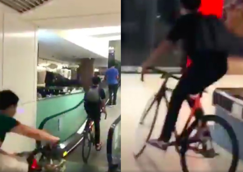 Watch out for the bike: Teens cycling in Plaza Singapura