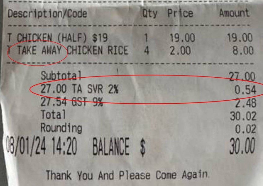 Boon Tong Kee customer upset with 2% service charge for takeaway