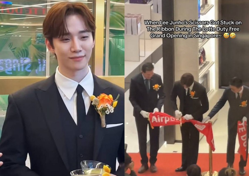 Lee Jun-ho looks sharp at Changi Airport ribbon-cutting event, if only his scissors are too