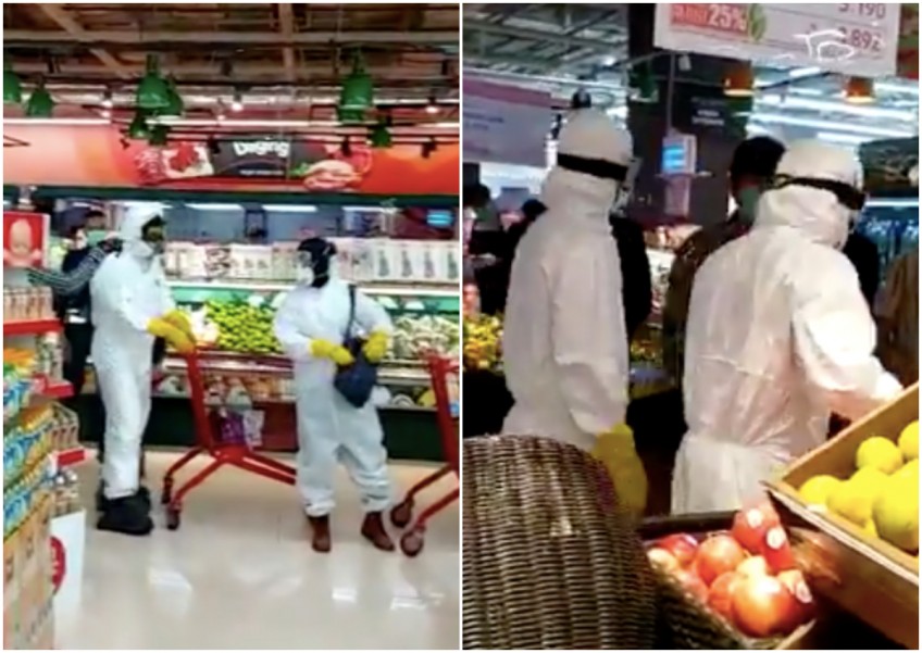 Grocery shoppers covered head to toe spark fury in Jakarta