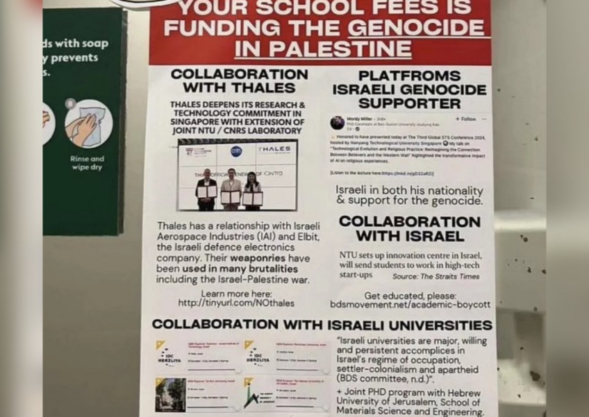 Police investigating posters in NTU toilets claiming university's funding Israel in Gaza war
