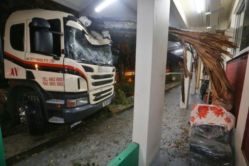 Lorry driver arrested after crashing into trees in front of Jurong HDB block