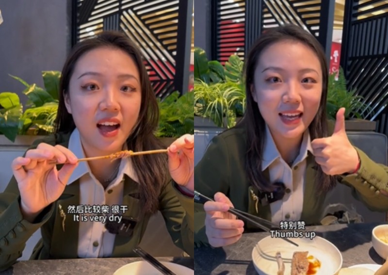 Satay with no sauce? Woman tries Singapore food at restaurant in Beijing