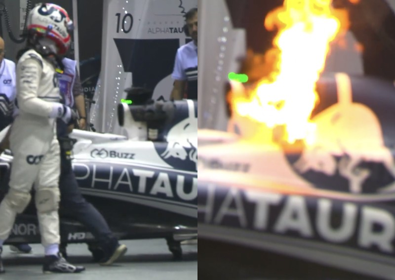 F1 car bursts into flames in bizarre pitstop incident; driver in cockpit says he had 'barbecue feeling'