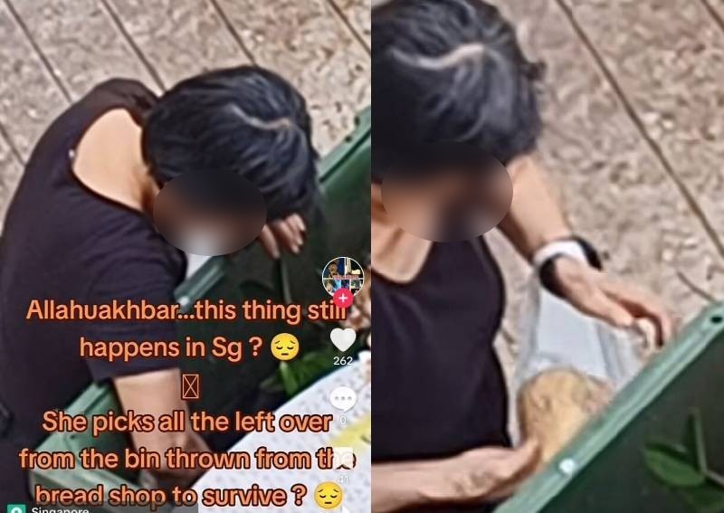 Feeding the birds or for survival? Woman seen scavenging through garbage for bread