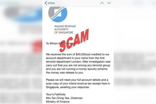 Iras warns of scam e-mail sent by 'MOF chairman' asking for account details, tax receipts