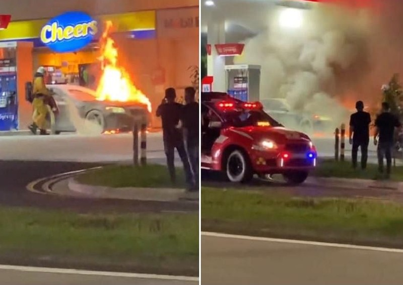 Car catches fire at petrol station in Sembawang