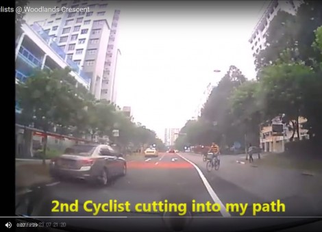 Motorist films errant cyclists at Woodlands Crescent